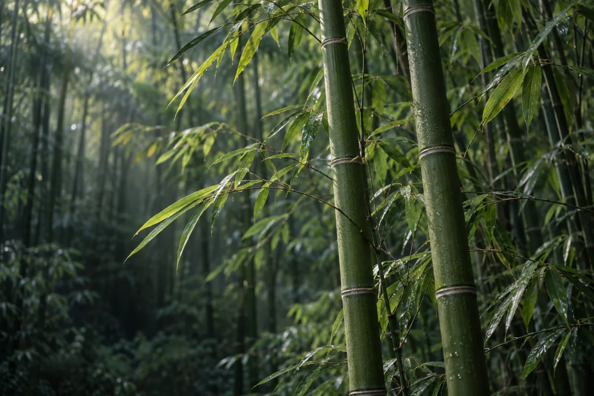 Rain-damp bamboo stalks and leaves in a shaded grove