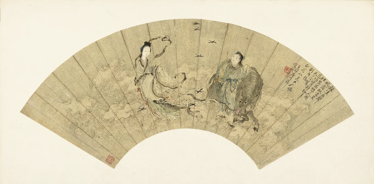 Tang Peihua’s fan painting of the Cowherd and Weaver Girl meeting above clouds with an ox and magpies