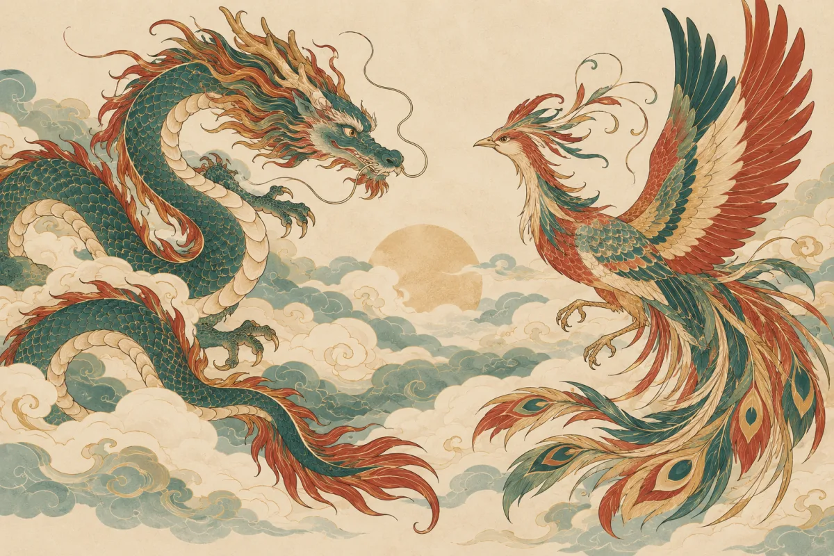 Contemporary editorial illustration of a Chinese dragon and fenghuang facing across clouds
