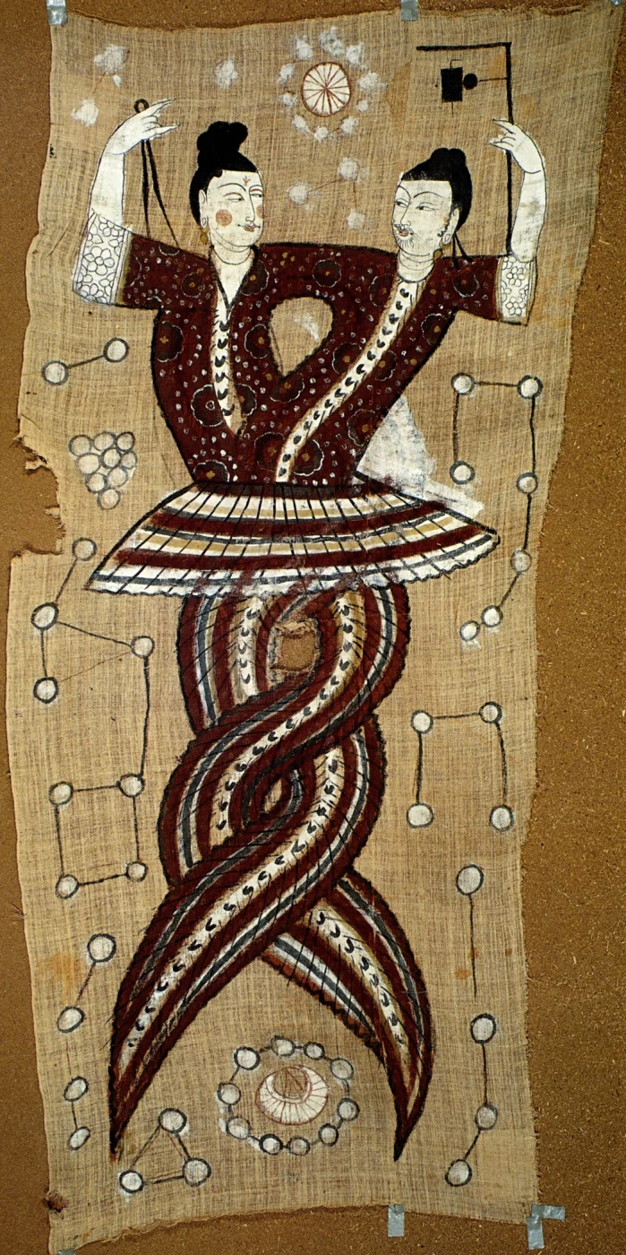 Nüwa and Fuxi with intertwined lower bodies in a Tang-dynasty painting from the Astana graves