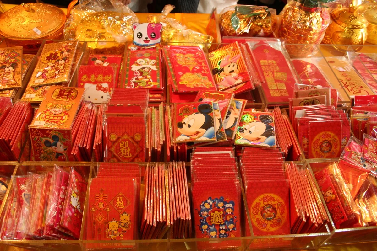 Rows of red envelopes displayed for sale at Dihua Market in Taipei