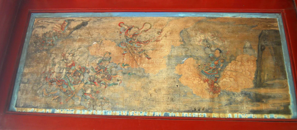 A painted Havoc in Heaven scene with Sun Wukong and Nezha in the Summer Palace Long Corridor in Beijing