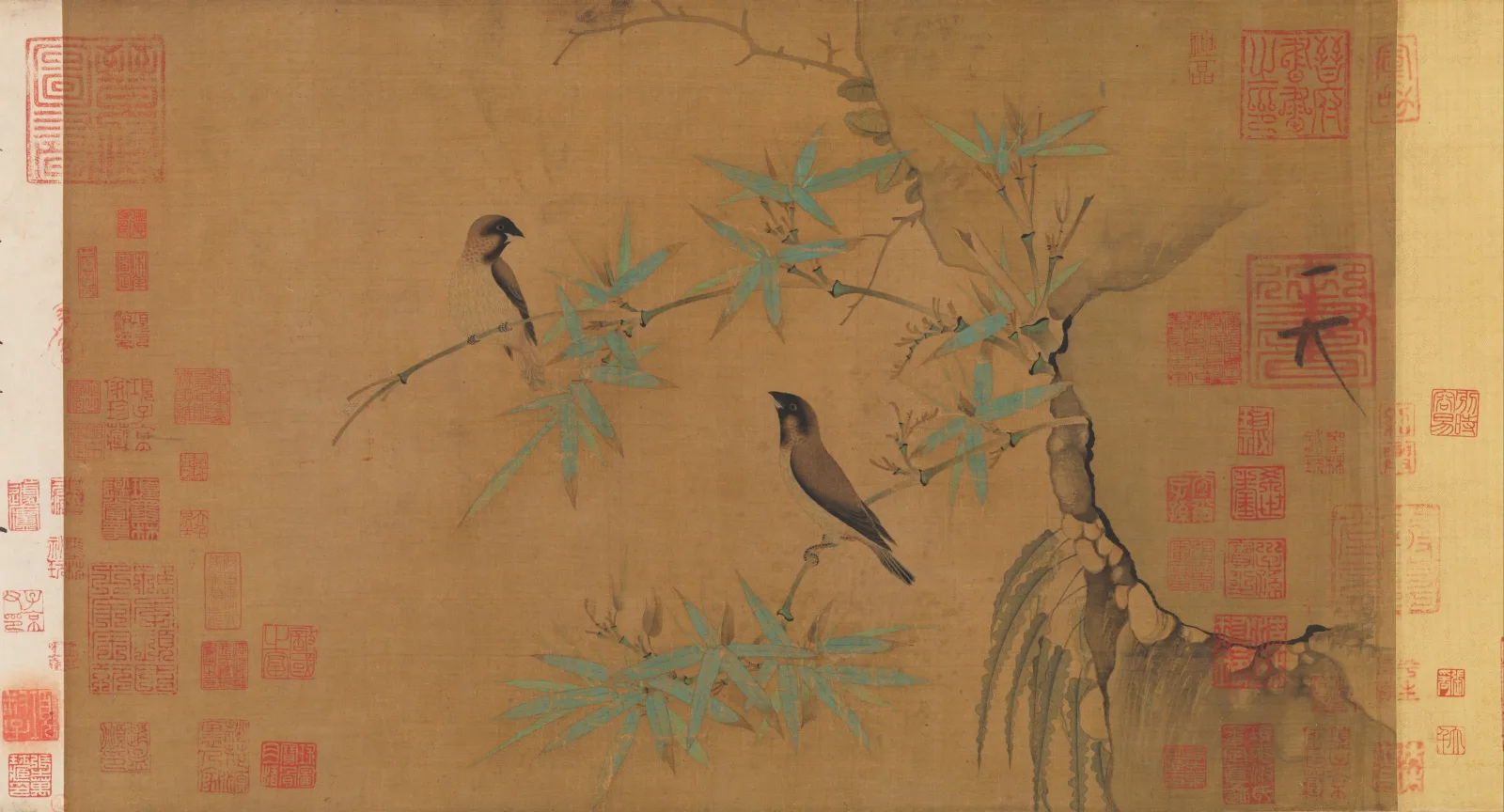 Two finches perched among blue-green bamboo in an early twelfth-century Chinese handscroll