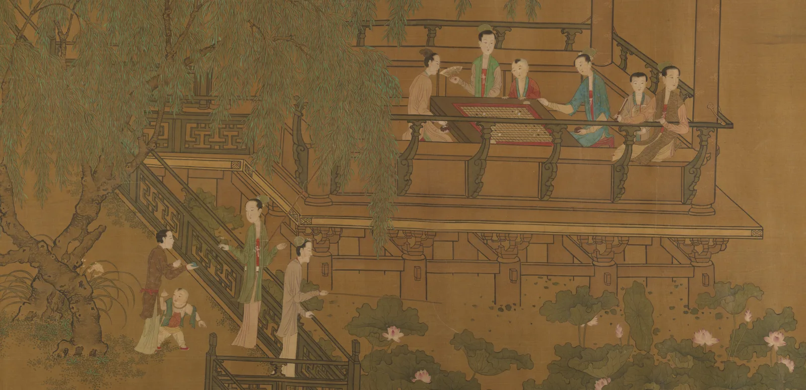 Women and children gathered across a waterside garden pavilion in a Chinese handscroll
