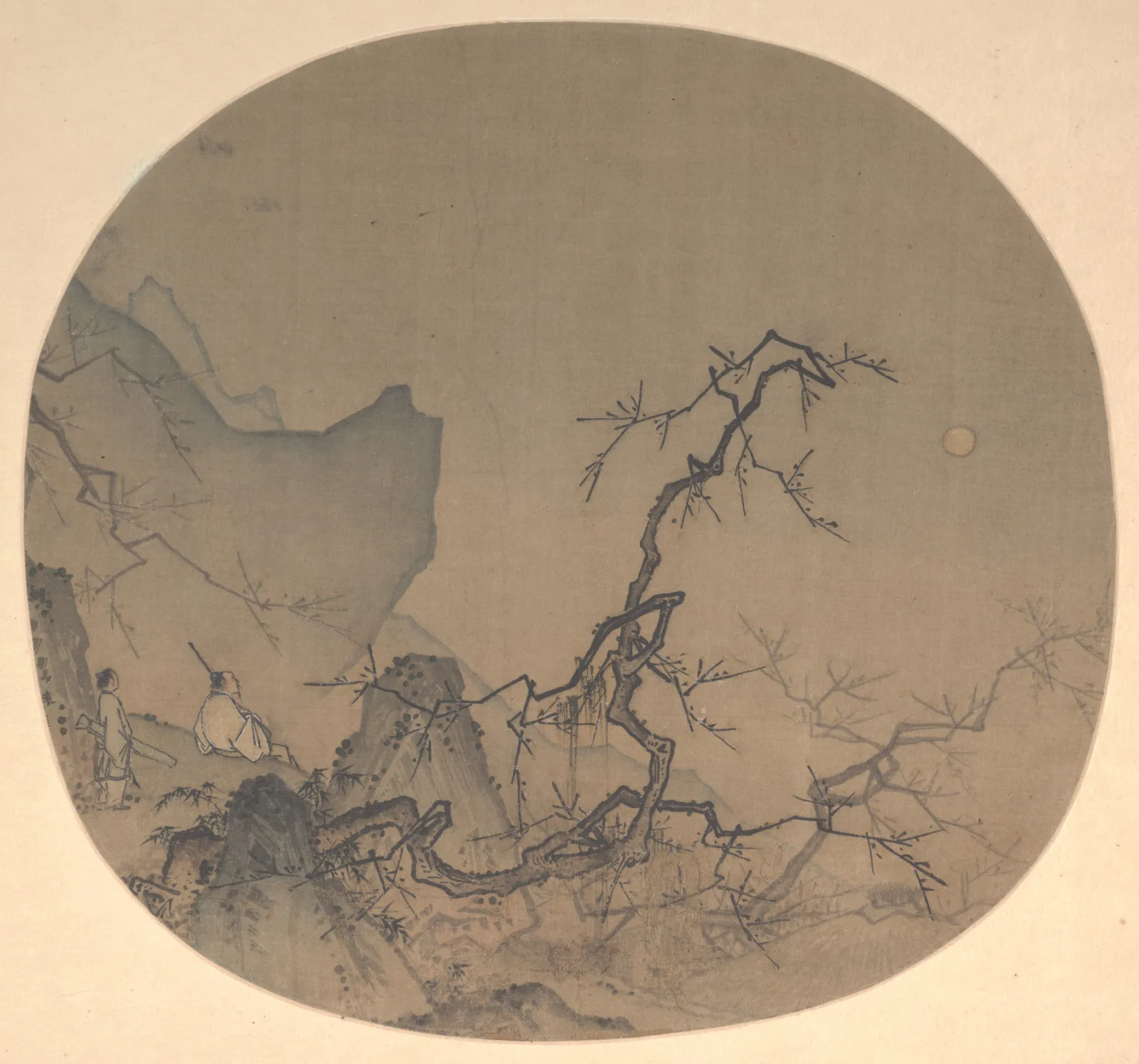 Round fan painting with plum branches, a seated figure and a small moon in a muted landscape
