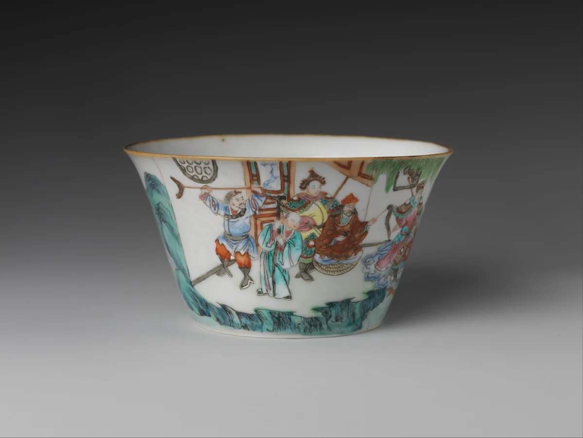 A nineteenth-century Chinese porcelain cup painted with figures in a scene from the Legend of the White Snake